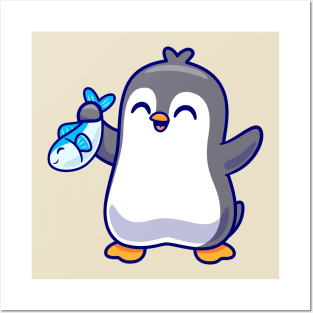 Cute Penguin Holding Fish Cartoon Posters and Art